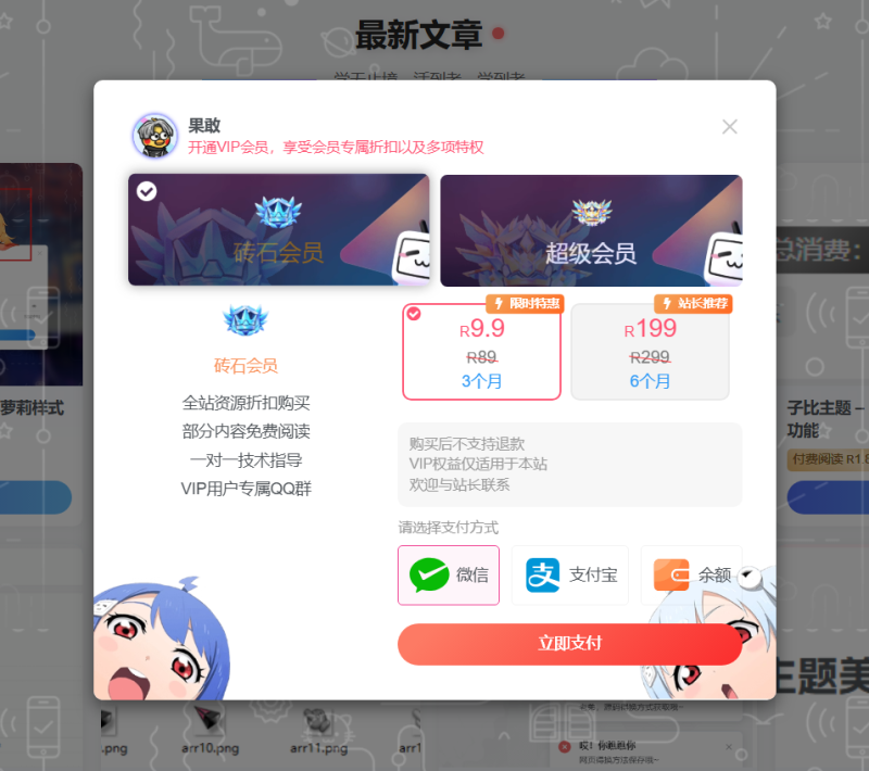 子比主题- 会员购买弹窗增加背景-柒月博客